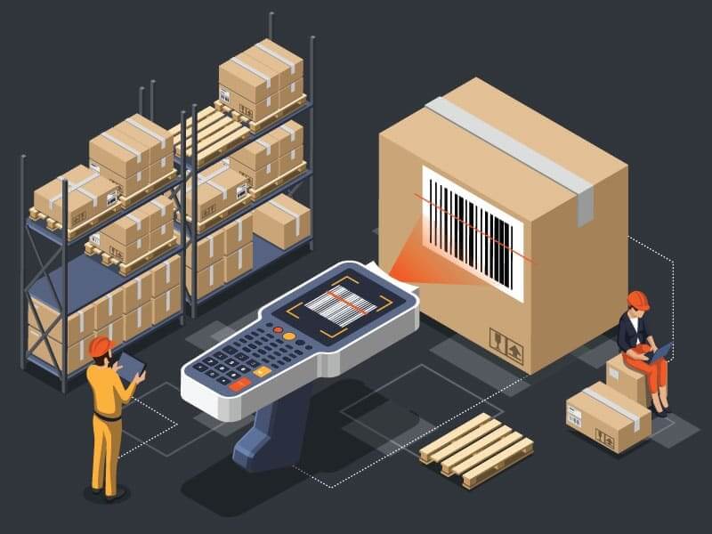 Animated image emphasizing the order picking process, showing an oversized scanner pointed to a box while a worker holds a list on a tablet.