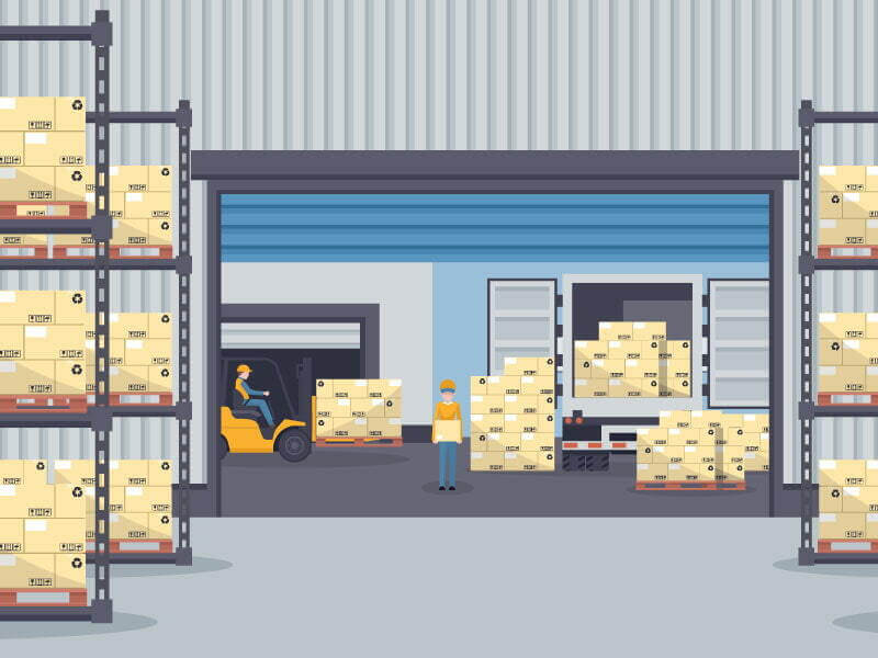 An animated image shows the open bay doors of a warehouse. One worker operating a forklift with boxes while another carries a box from an open truck to the interior of a warehouse where racks with stacked boxes are visible.