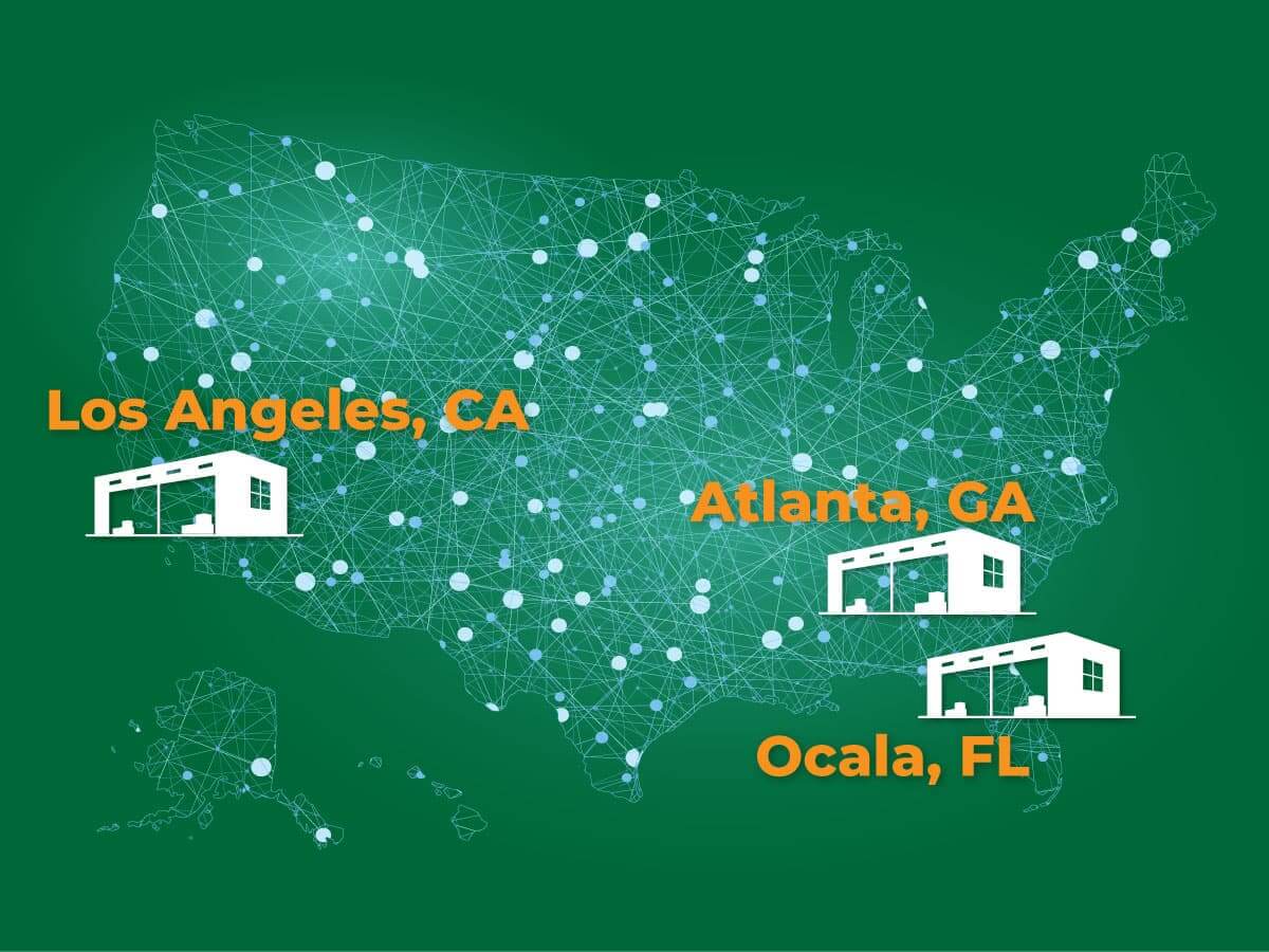 A digital image depicting a map of the United States with major logistics hubs highlighted. Los Angeles, Atlanta, and Ocala are labeled on the map, each with a picture of a warehouse.