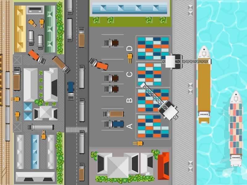 An illustration depicting an overheard view of a warehouse with the warehouse yard conspicuously visible, showing stacked containers, semi trucks, and warehousing facilities